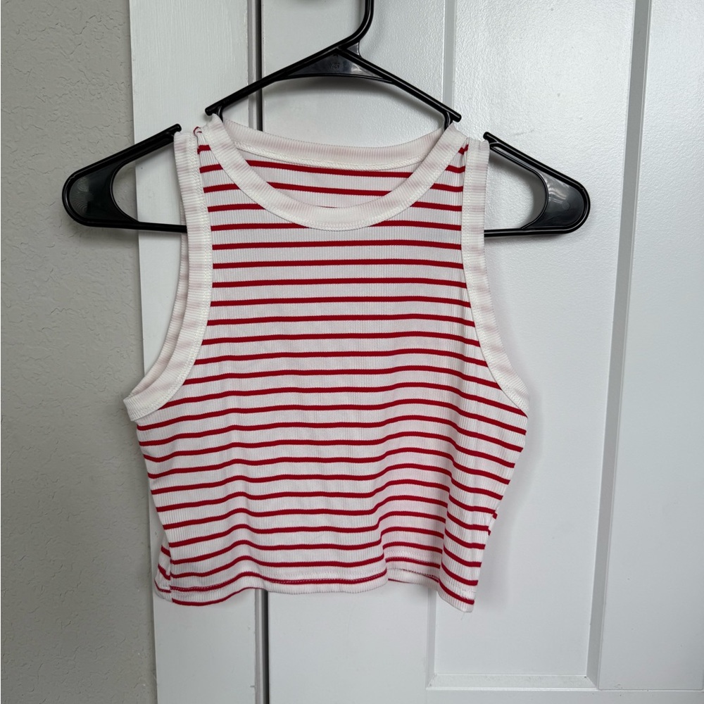 Red and White Striped Sleeveless Crop Tank Top